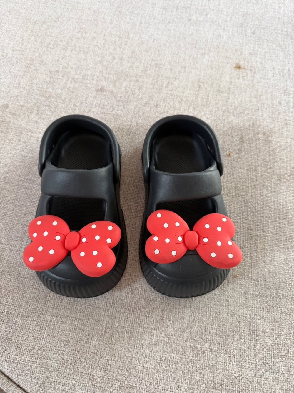 Kids Black Slip-On Sandals with Red Polka Dot Bows